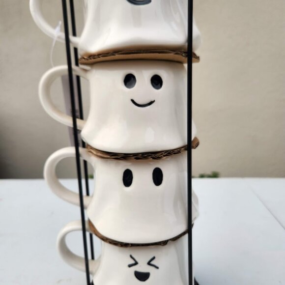 NEW Ceramic Ghost Mugs Mug Set of 4 Stacking Stackable White Stoneware Can hold - Picture 8 of 16